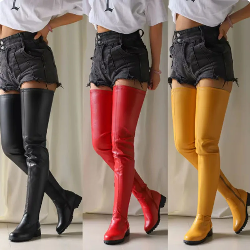 Big Size 46 Low Heels Thigh High Boots For Women Color Leg Boots Slim Boots