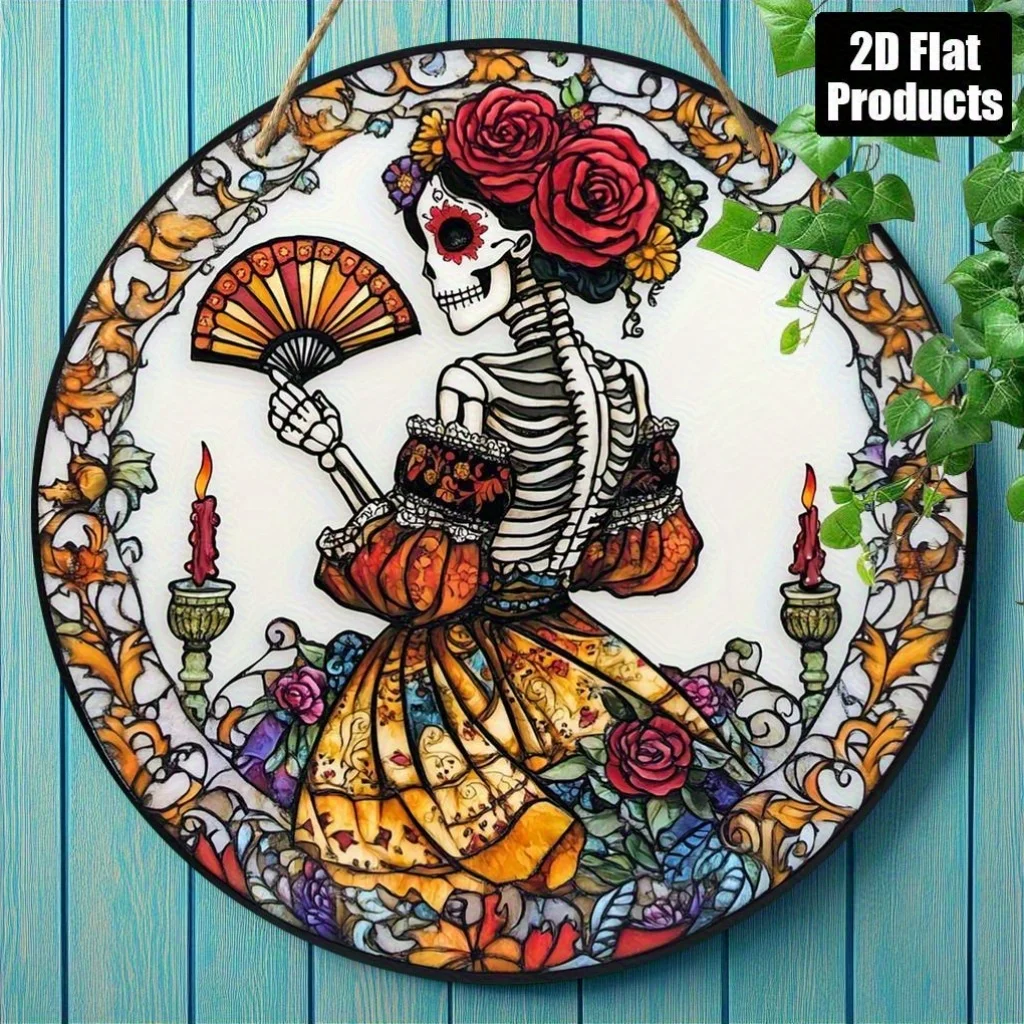Day of the Dead Skelett mit Fächer, rundes Holzschild zum Aufhängen, dekorative Wandschilder