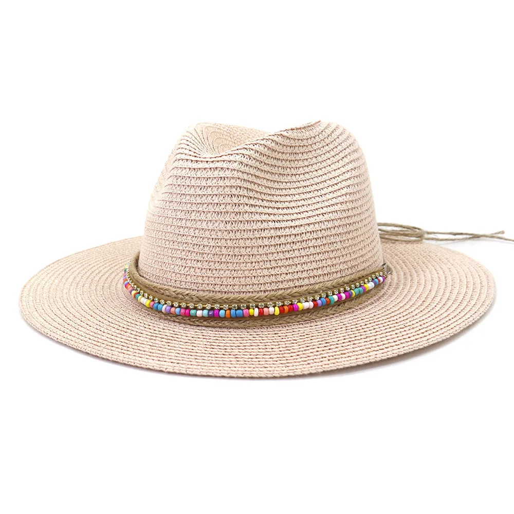 

Fashion New Design Pink Panama Hat Womens Sun Hat Straw Beach Fedora Summer Hat Wide Brim Sombreros High Quality Black White