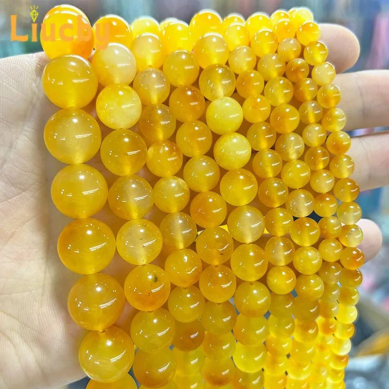 Kamień naturalny żółty pływający kwiat chalcedon gładkie koraliki do tworzenia biżuterii DIY bransoletki kolczyki 15 "nić 6/8/10/12/14mm