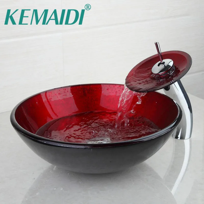 KEMAIDI Bathroom Round Basin Sink Faucet Combo Set Tempered Glass Sinks For Bathroom and Outdoor Deck Mounted Basin Mixer Set