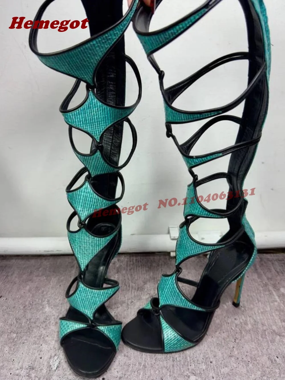 Turquoise Lizard Print Gladiator Heels Hollow Out Stiletto Heels Women's Sandals Patchwork Summer Runway Shoes Concise Elegant