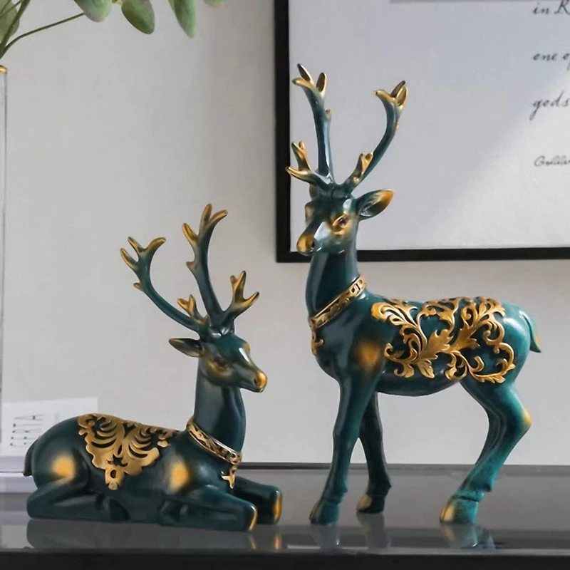 Standing And Kneeling Reindeer Resin Sculpture 2Pcs Lucky Deer Statue Reindeer Figurines For Home Office Desktop Decor