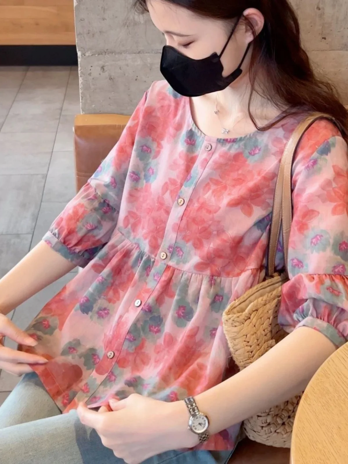 

Floral Print irt Summer round Ne ort Sve Women's plus Size Clothing Lace Trim Splice Versatile Blouse for Casual Wear