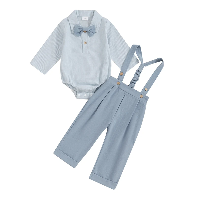 

Baby Boy Gentleman Outfit Stripe Long Sleeve Lapel Neck Romper with Suspender Pants and Bow Tie 3 Pcs Set