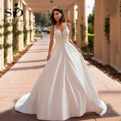 SoDigne Boho Satin Aline Wedding Dresses 2023 Sexy V Nack Lace Blackless Bride Dress Custom Made Sleeveless Bridal Gowns