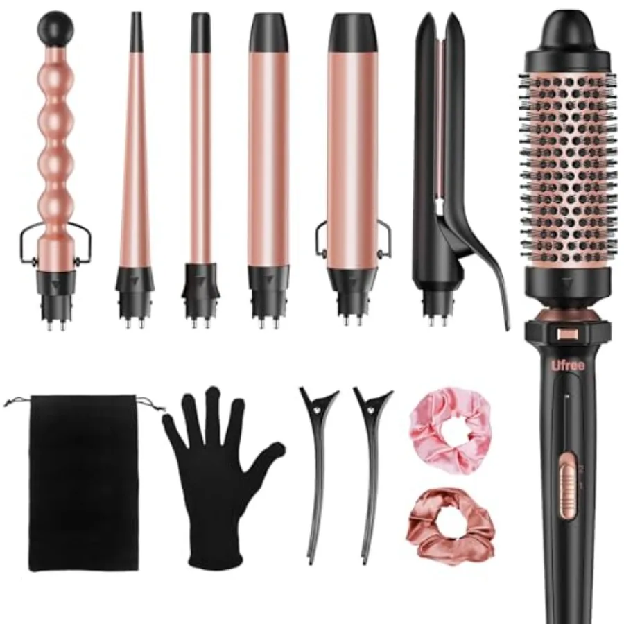 

7-in-1 Curling Iron Set with Interchangeable Ceramic Barrels Thermal Brush Hair Straightener and Wand Curling Iron Versatile St