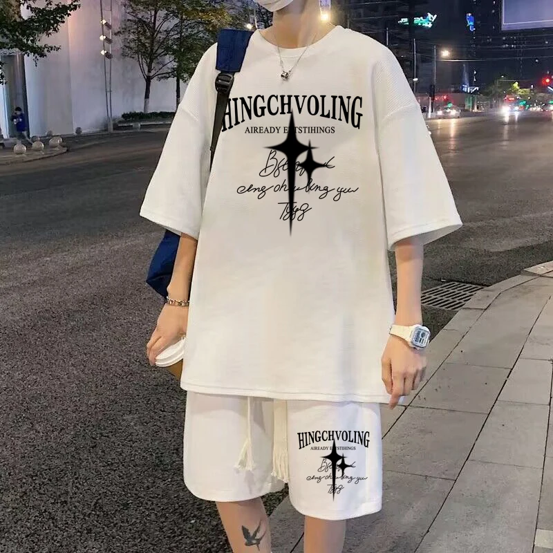 

Летние мужские шорты большого размера, костюмы M-5XL, спортивные костюмы в американском стиле, модные футболки с принтом, шорты, комплект из 2 предметов, мужская одежда, новинка