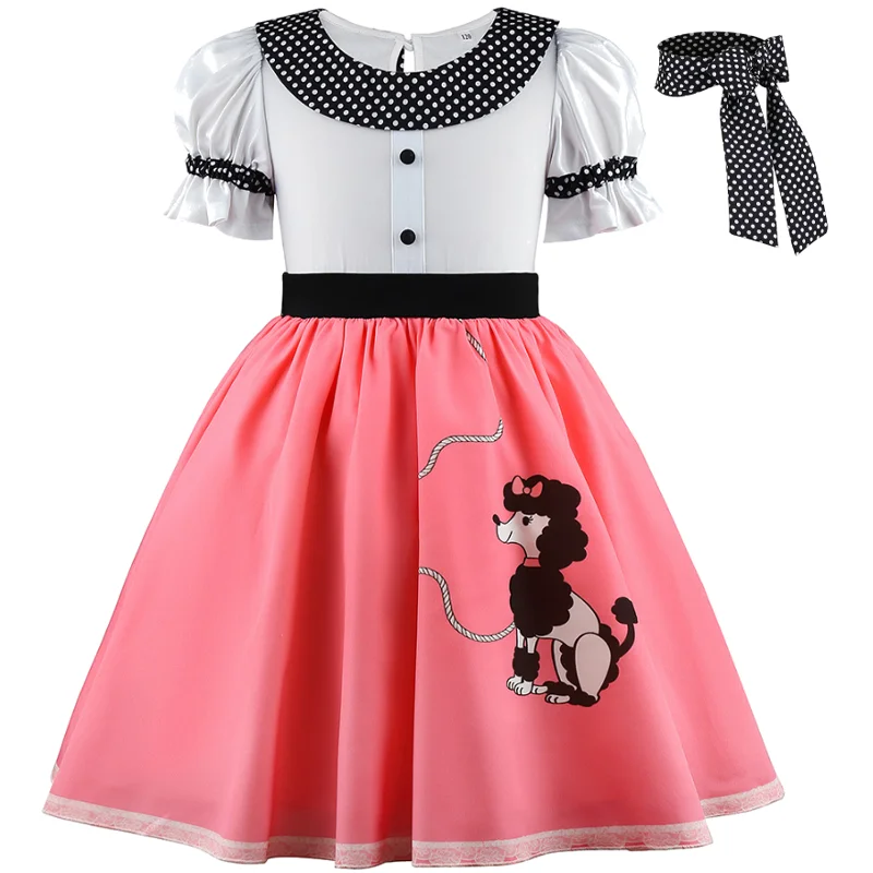 

Kids Girls Vintage Short Sleeve Pink Poodle Print Dress With Black Dot Bow Scarf For Halloween Carnival Birthday Party Dress Up