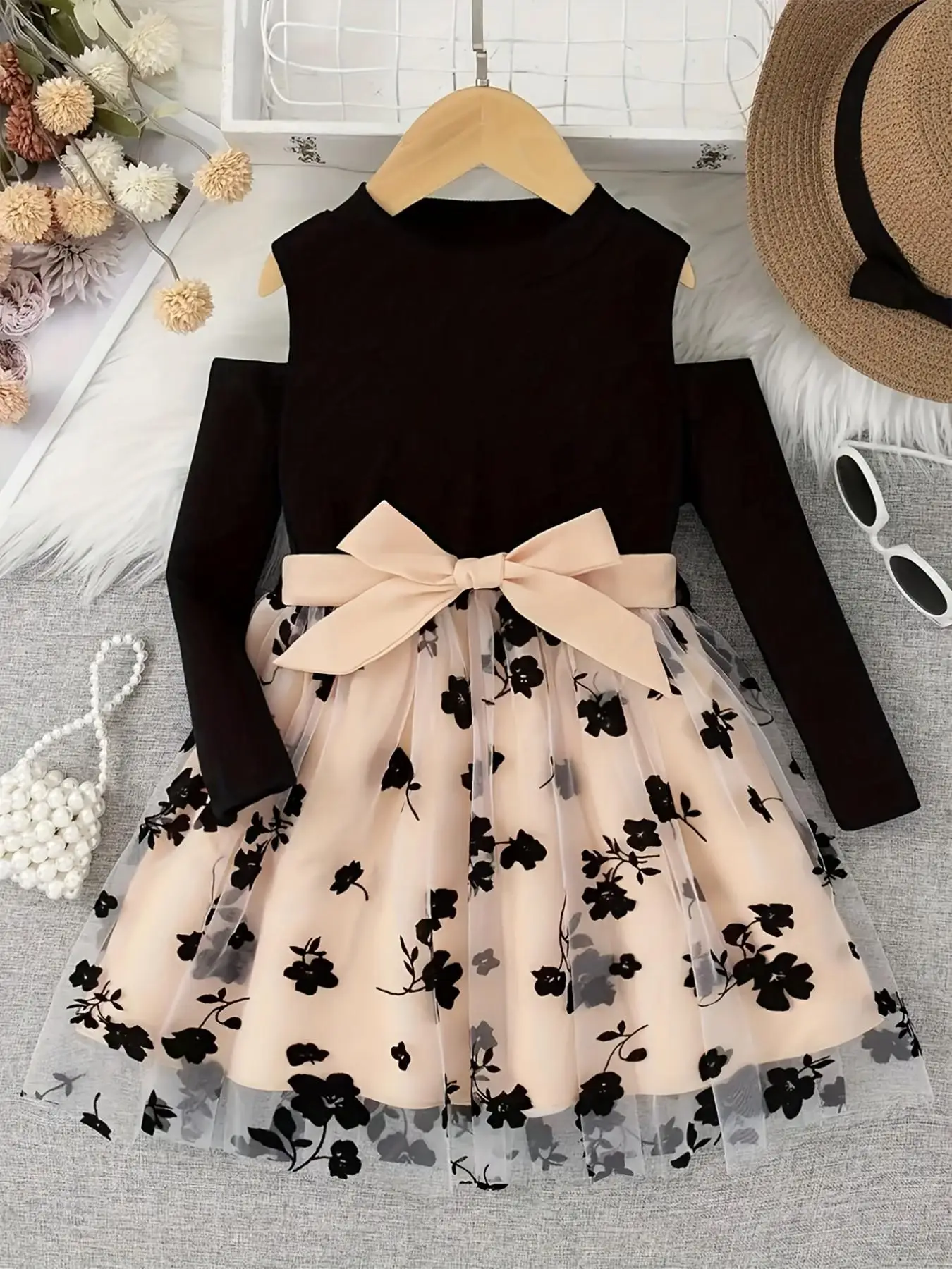 Mädchen-Midikleid mit Blumenmuster und Mesh-Einsätzen, Rundhalsausschnitt, lange Ärmel, elegantes, modisches Frühlings- und Herbstkleid mit Gürtel – Detail 4