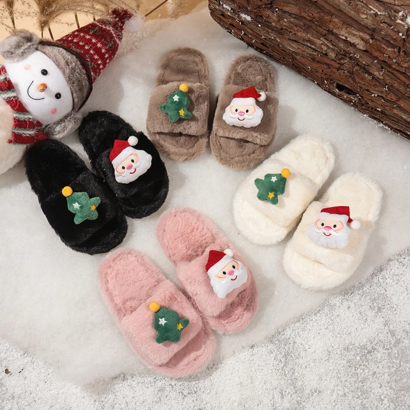 

Зима 2025 г., милая рождественская плюшевая однотонная хлопковая обувь с героями мультфильмов для девочек, нескользящая домашняя обувь, удобная детская обувь