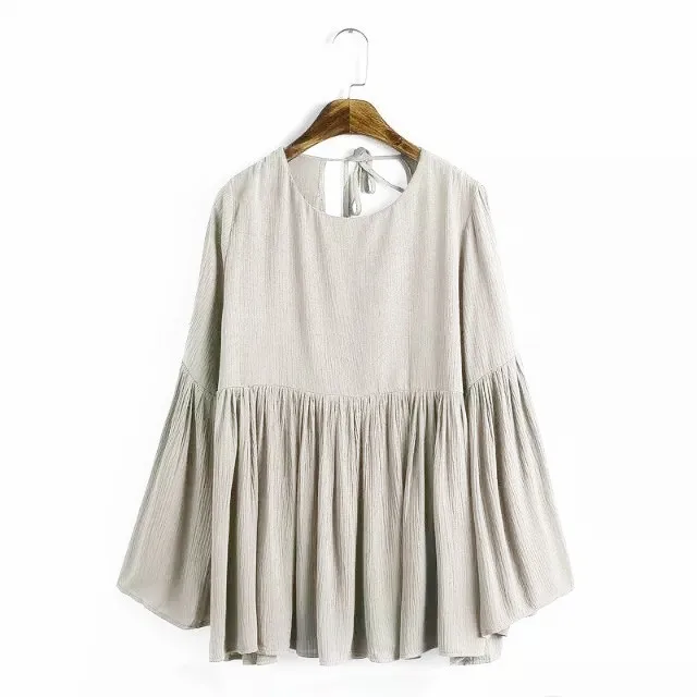 Summer Autumn women cotton linen long sleeve shirts, Flare sleeve linen blouse,deep V sexy blusas plus size vintage shirts view 4