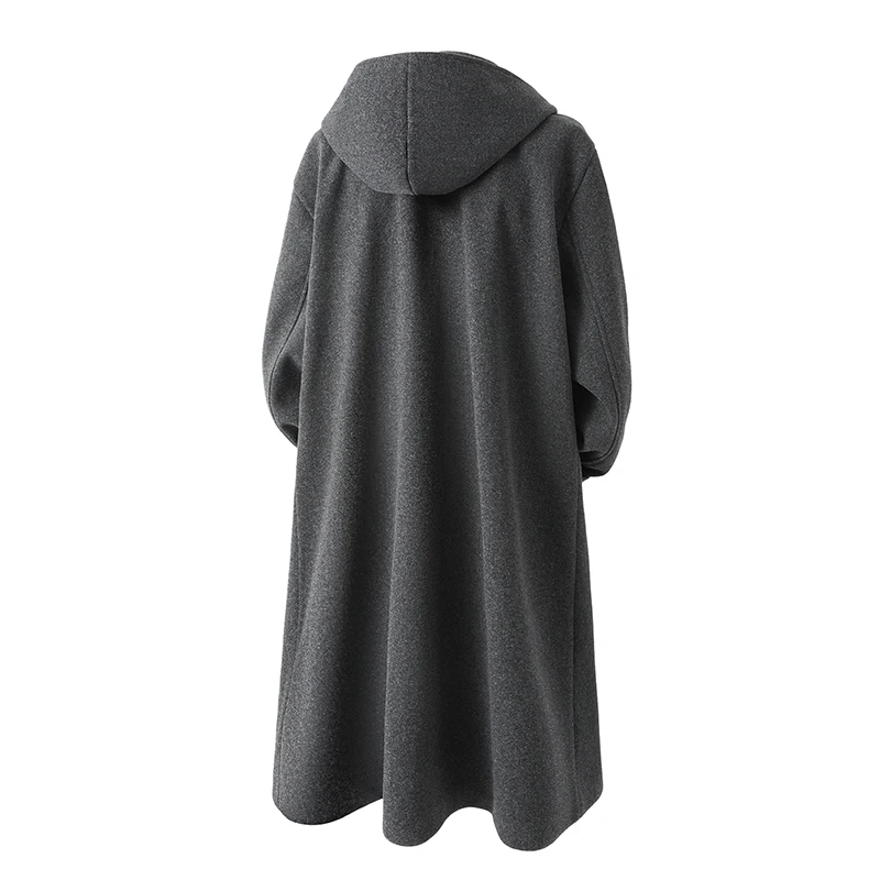 2025 Hooded Trench Men Long Woolen Coats Chic Loose Casual Trench Outwear Male Solid Fashion Business Button Hooded Woolen Coat