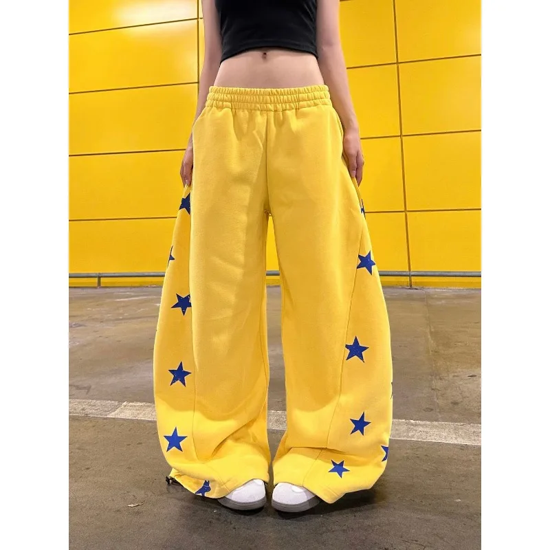 

American Jazz Dance Loose Versatile Wide-Leg Pants Retro Edgy Star-Print Cropped Sweatpants for Women Y2k Harajuku Streetwear