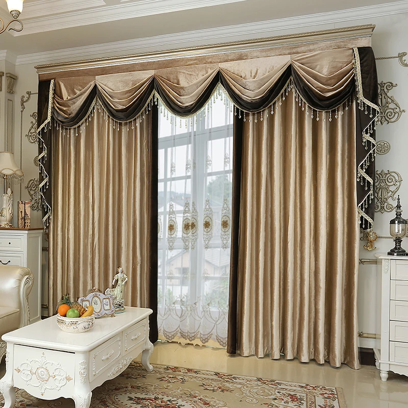 

Custom curtain high class thick luxury Italy velvet light tan cloth blackout curtain tulle valance drape C1459