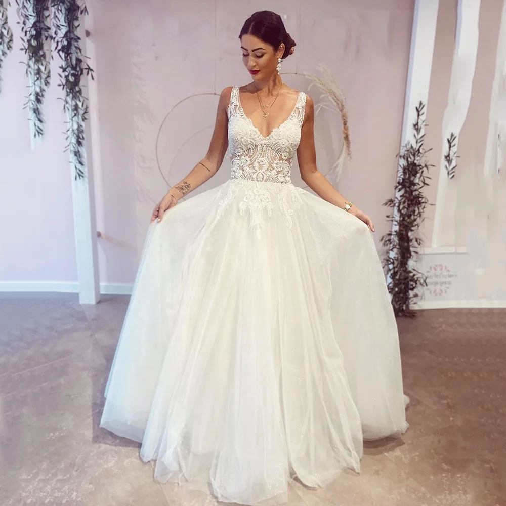 

Luxury V Neck Backless Wedding Dresses For Bride 2025 Tulle A -Line Beaded Lace Appliques Brides Dress Customized Bridal Gown