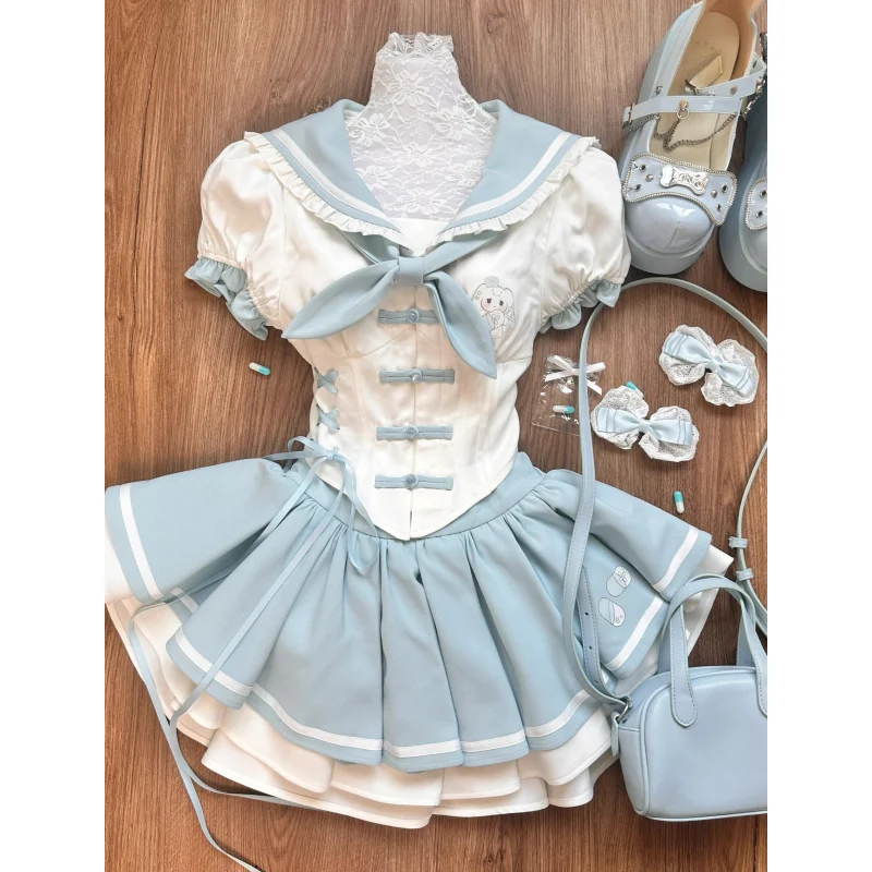 Fashion Korean Popular Uniform Perppy Style Two Piece Sets Constrast Color Streetwear Cute Print Shirts Pleated Tiered Skirts