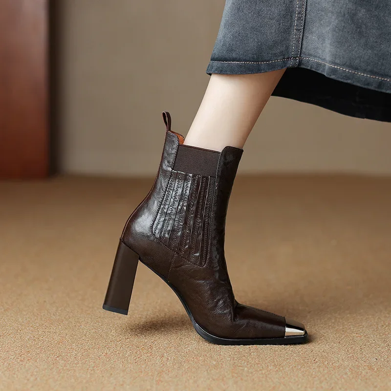 2024New Style Head Layer Sheepskin SplicingHigh Heel Fashion BootsMetal Square Head Coarse Heel Women's Short Boots Skinny Boots