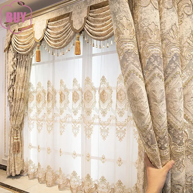 European-style Curtains for Living Dining Room Bedroom High-end Embroidered Light Luxury Chenille Villa Custom Valance Tulle