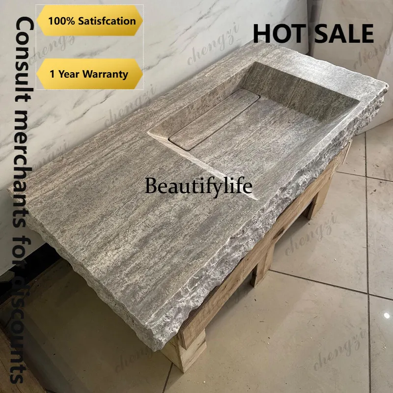 

B73Wabi-Sabi Style Natural Travertine Washbasin Rectangular Art Single Basin Bathroom Bathroom Wall-Mounted Style