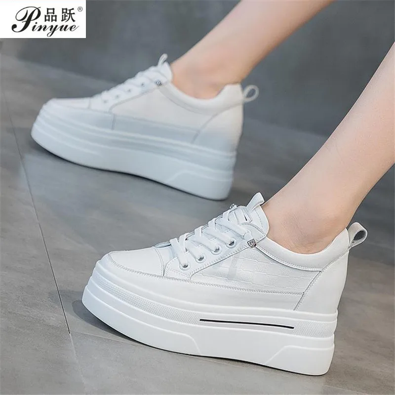 7cm Genuine Leather Casual Sneakers Platform Wedge Breathable Women Autumn Lady Comfy White Non Slip Raised vulcanized shoes