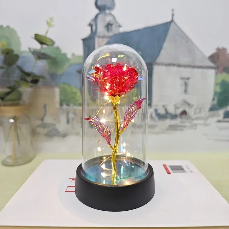 Valentine's Day Preserved Flower Glass Cover Colorful Rose LED Light Desktop Ornament Birthday Gift Manufacturer Spot