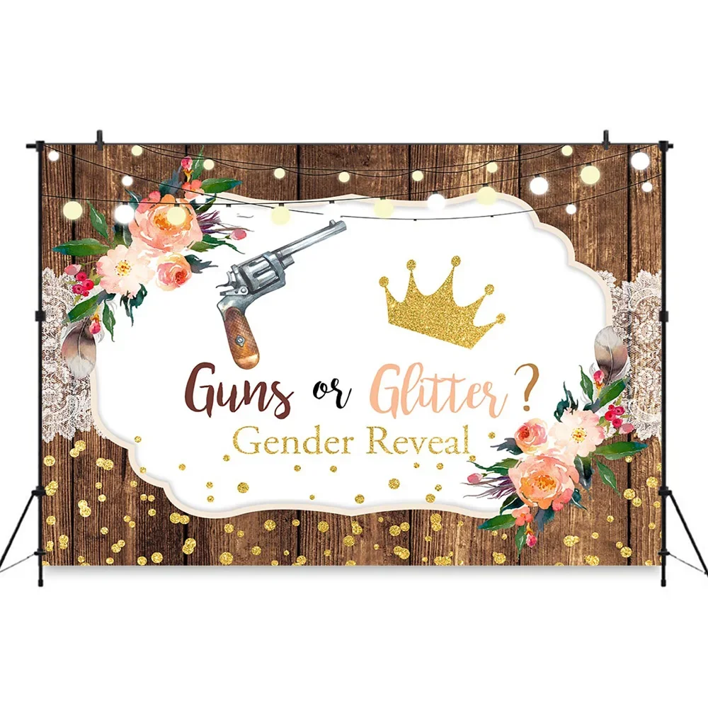 Baby Gender Reveal Birthday Wooden Background Photography Guns Gold Crown Flower Vintage Backdrop Newborn Boy Girl Photo Prop