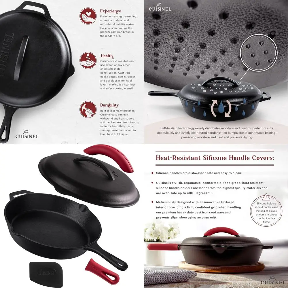 

12-Inch Pre-Seasoned Cast Iron Skillet Set with Lid, Silicone Handles, Lid Holder, and Scraper - Multi-Use Cookware for Indoor,