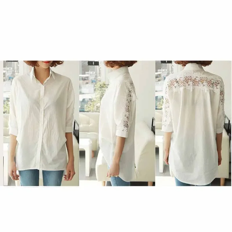 Sexy Hollow Out Lace Blouse Shirt Fashion Womens Tops  2020 Backless Half Sleeve Ladies Solid White Office Blouse Women 1310 40