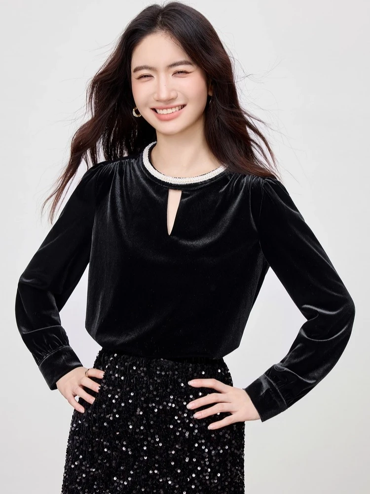 

SENTUBILA женская блузка с длинными рукавами, осень 2022, жемчужное кружево, блузки с круглым вырезом, однотонные бархатные женские топы, женская одежда 153SA2772