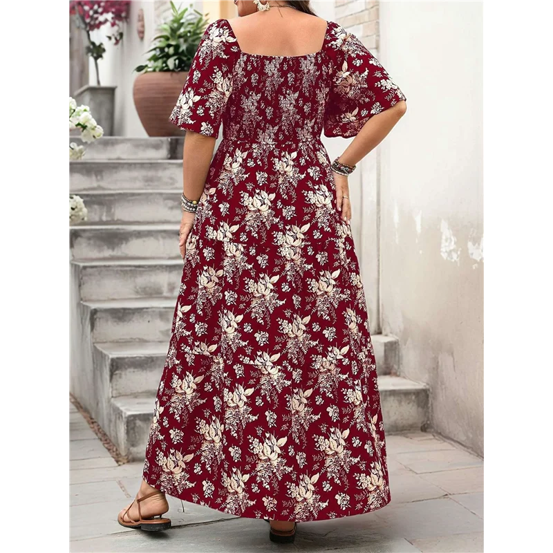 【SEE】여성용 짧은 소매 꽃무늬 드레스 스퀘어 넥 레이스 컷아웃 아일렛 빈티지 Boho Maxi Long 2025