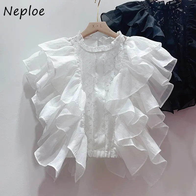 Neploe 2024 Summer Niche Sweet Hollow Out Sexy Fly Edge Lace Shirts European Slim Fit Westernized High-End Stand Collar Blouses