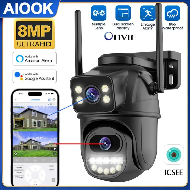 AIOOK HD 8MP 4K PTZ Wifi Camera Dual Lens Dual Screens Outdoor IP CCTV Surveillance Camera AI Human Detection Alarm ICSEE Camera