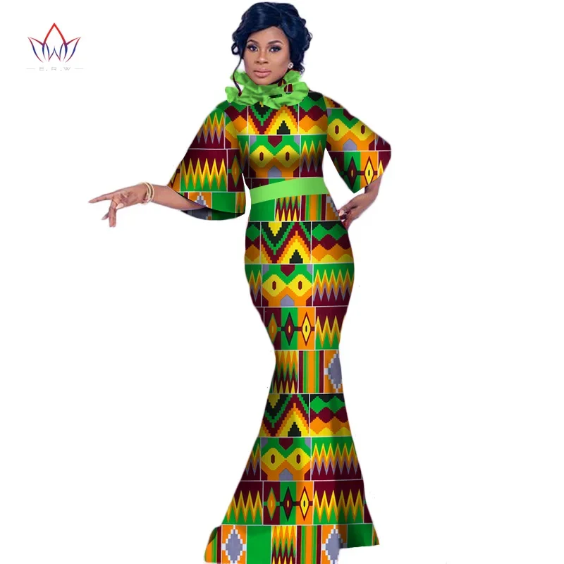 

Bintarealwax African Dresses for Women Dashiki Half Sleeves High Neck Long Maxi Dress Elegant Lady Evening Party Dresses WY2790