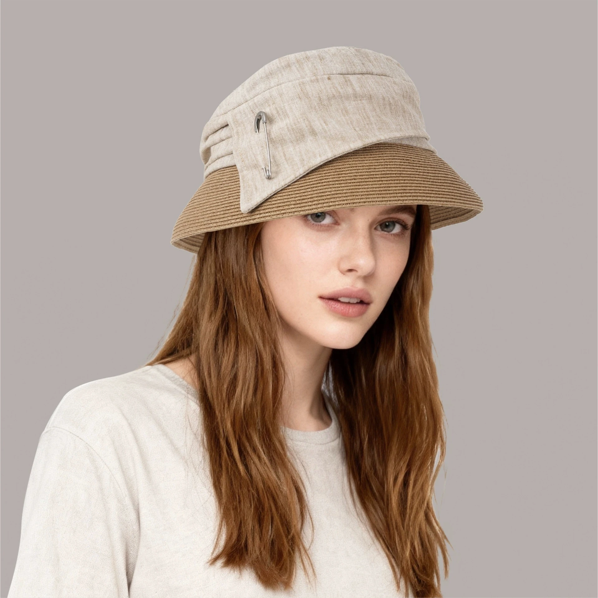 

2026 New Korean Color-blocked Pin Pleated Sun Hat British Large Head Circumference Face-Slimming UV Protection Fisherman Hat