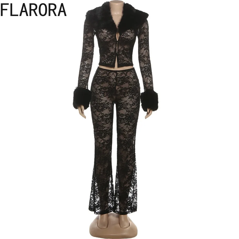 FLARORA مثير الدانتيل الفراء المرقعة 2 قطعة مجموعات امرأة الجاكار الخامس الرقبة زر واحد سترات ضئيلة و مضيئة السراويل الدعاوى ملابس الحفلات