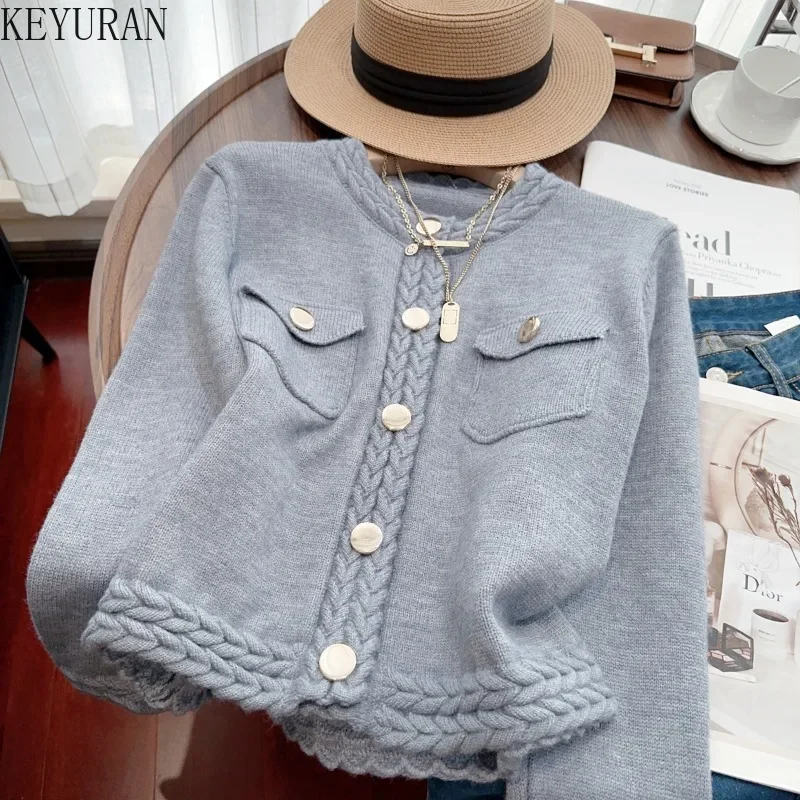 2024 Autumn Autumn Knitted Cardigan Sweater Coat Women Vintage Fashion V-neck Long Sleeve Solid Casual Knitwear Crop Tops Jumper