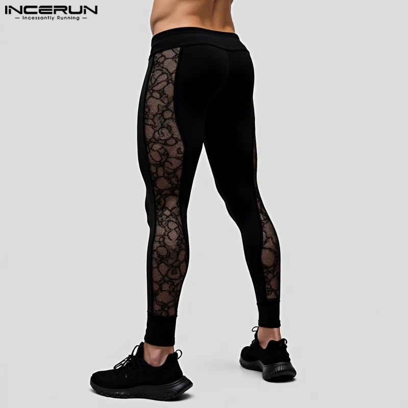 INCERUN 2024 American Style Trousers Sexy Fashion New Men Lace Patchwork Tight Elastic Pants Clubwear Perspective Thin Pantalons