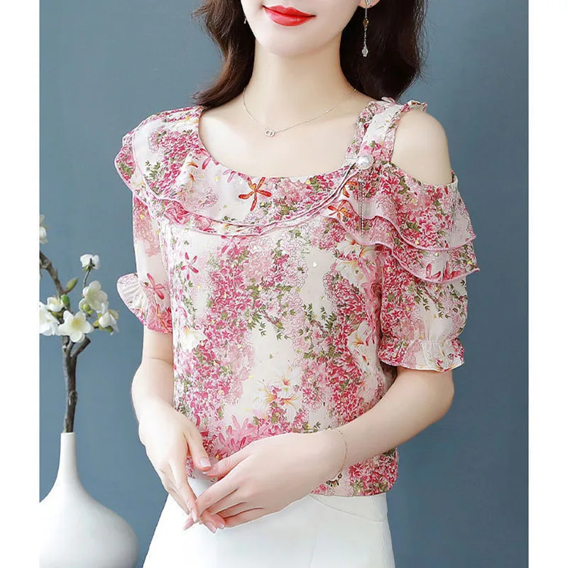 Fashion Printed Spliced Ruffles Off Shoulder Floral Blouse Women\'s Clothing 2023 Summer New Casual Pullovers Office Lady Shirt