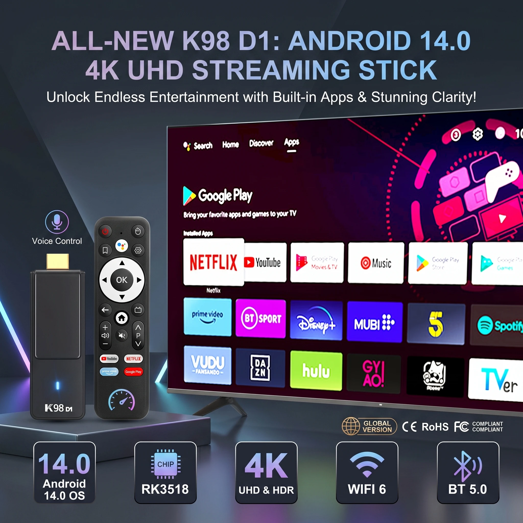 Android 14.0 4K HDR TV Stick 2026 Kowankit K98 TV Box RK3518 Wifi6 BT5.0 Smart TV 2.4G 5G Smart TV Box con Control Remoto por Voz Set Top Box