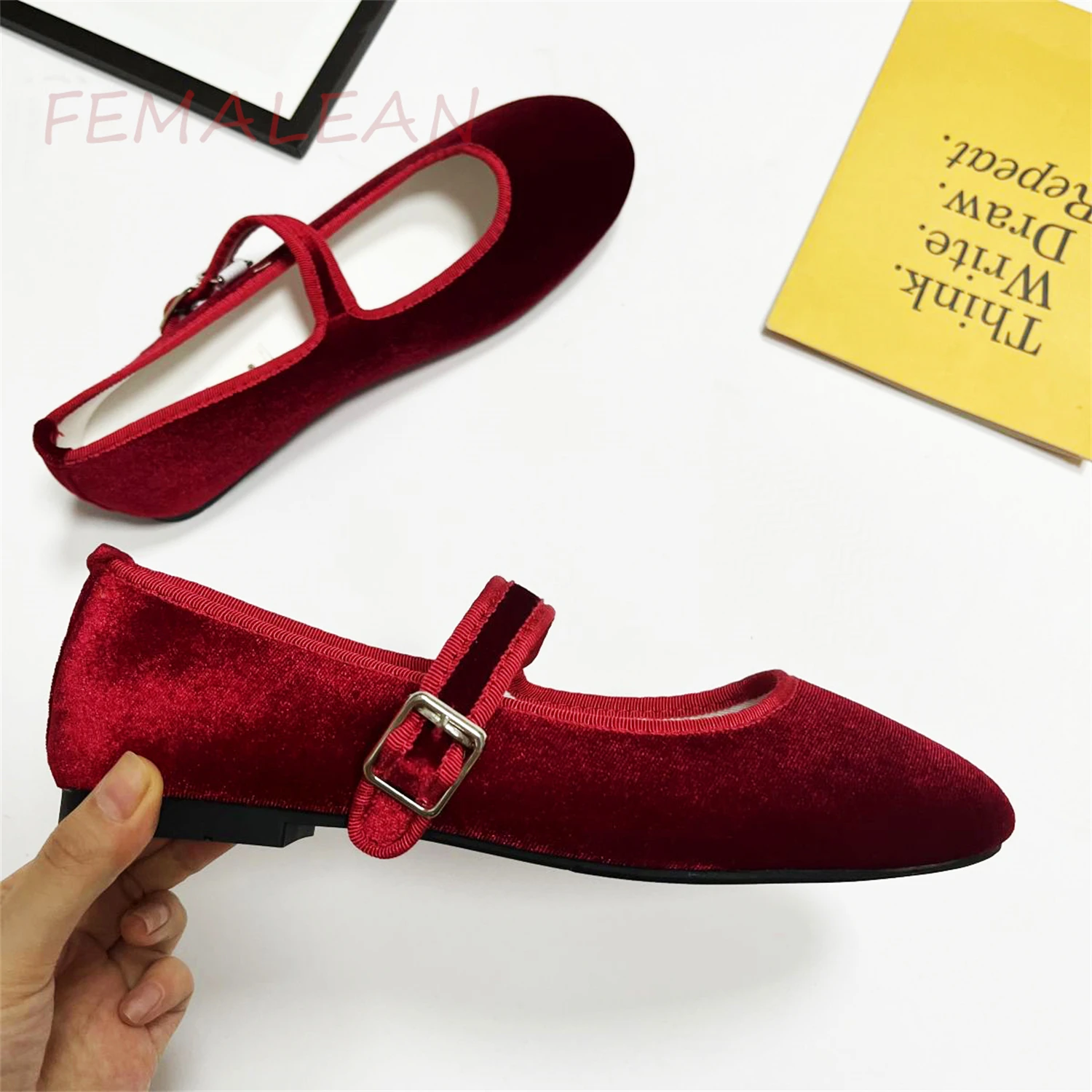 Vintage Velvet Burgundy Red Black Purple Round Toe Granny Belt Buckle Ballet Flats Casual Luxury Mary Jane Sandals Woman Shoes