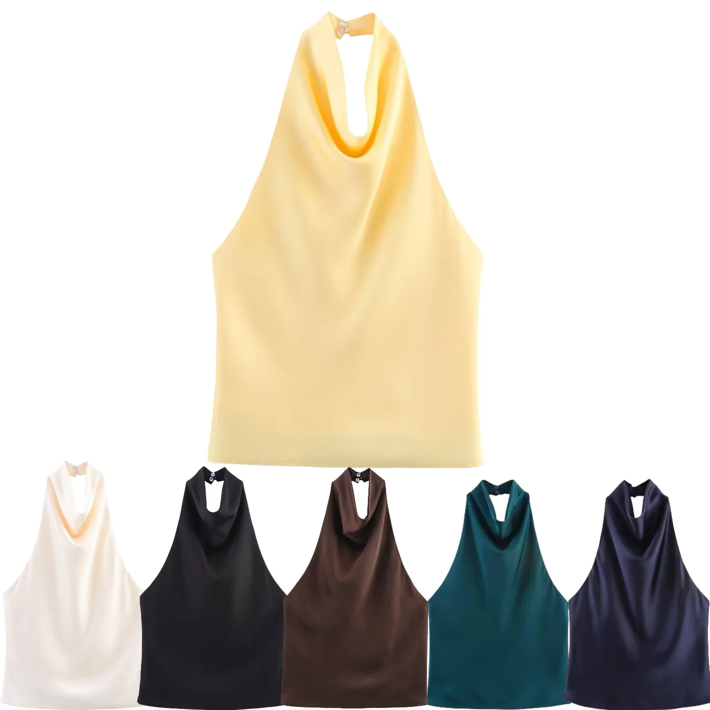 Summer 2026 Women's Silk Satin Feel Collared Top Hanging Neckline Quality Atmosphere Short Length No Stretch Pure Color Vest