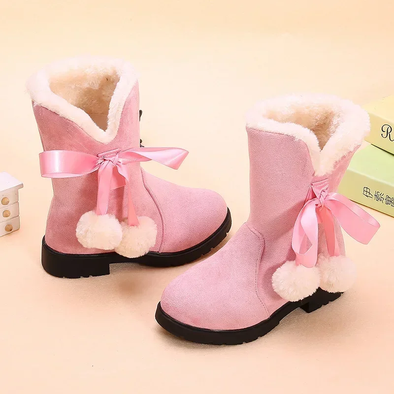 Children\'s Winter Boots for Girls Princess Medium Big Kids Snow Boots Warm Fur Bowtie with Hairball Cute Sweet Plush Suede Boots