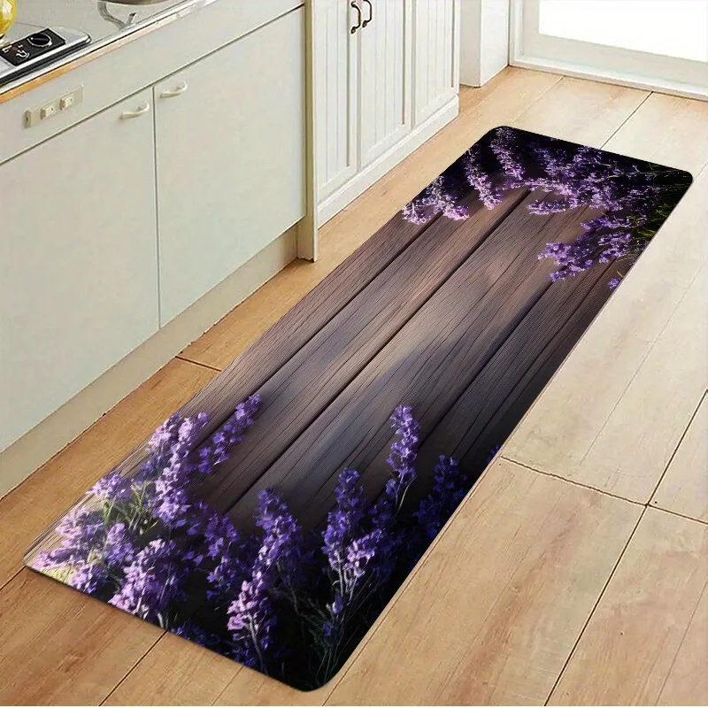 Dark Wood Board Purple Lavender Runner Mat Anti Slip Absorbent Rug Natural Floral Print Carpet for Bathroom Cooking Laundry Room