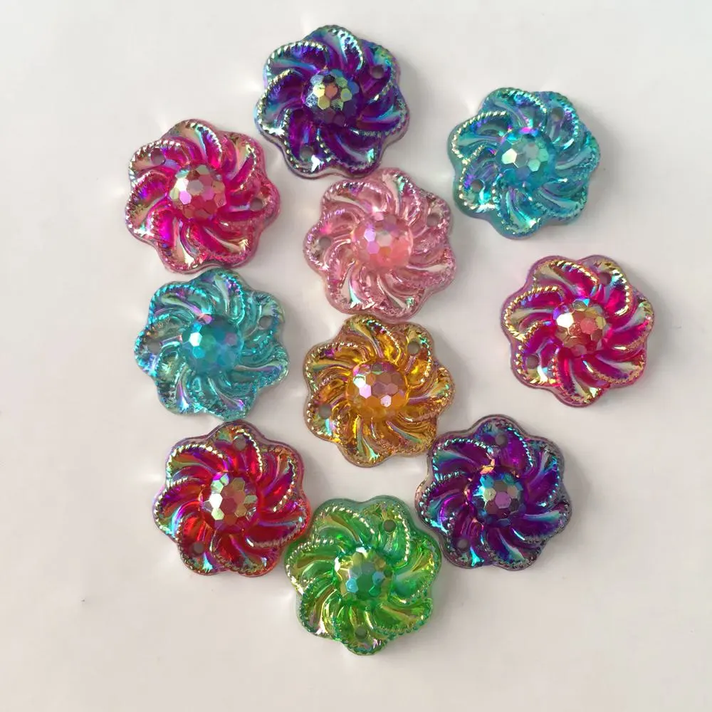 40PCS 15mm AB Resin Flower Rhinestone Flatback Wedding Diy Buttons 2 Hole Crafts Jewelry Accessories K26