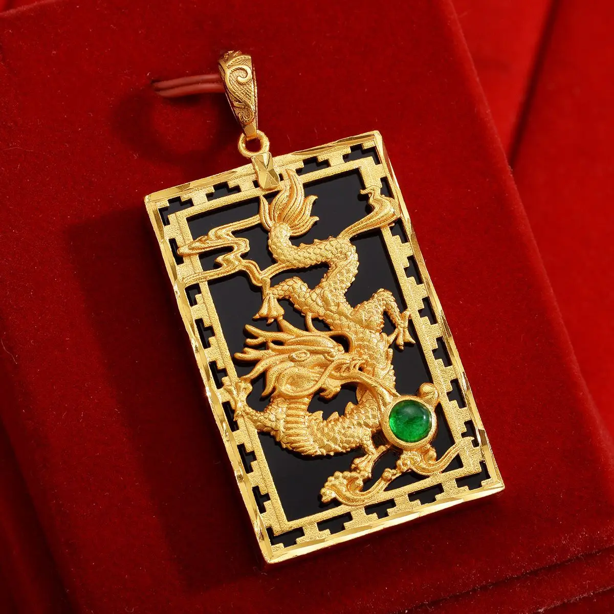 

Gold shop same style AU999 gold mens pendant dragon year inlaid jade pendant 24K pure gold fashion dragon pendant gift jewelry