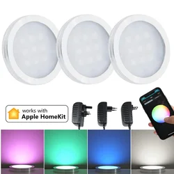 2-9Pcs Homekit WiFi Round RGB LED Under Cabinet Closet Light Furniture Dimmable Wardrobe Lamp 12V Siri Voice Control APP Remote