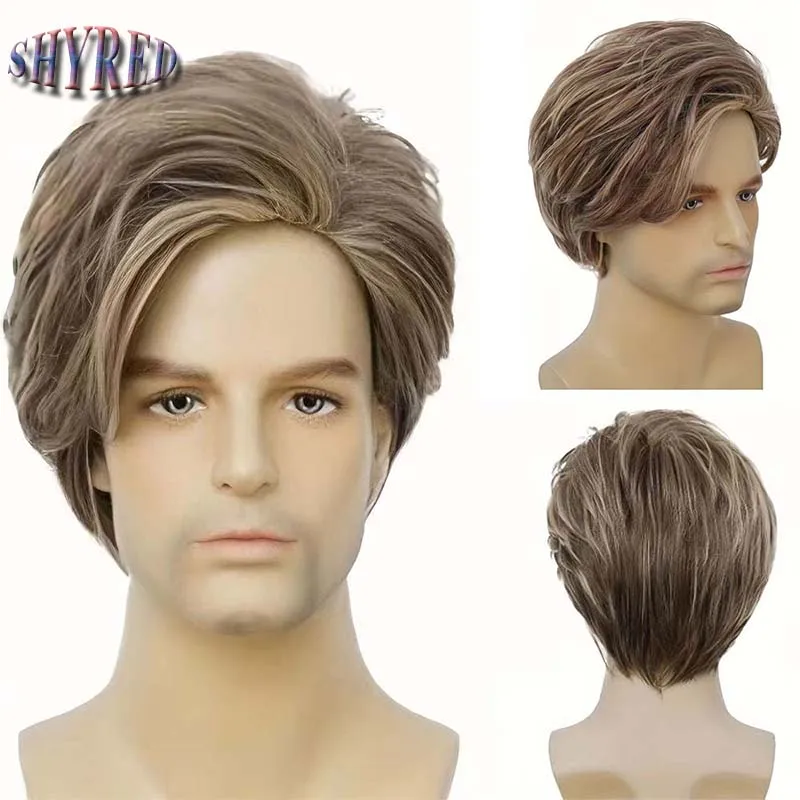 Men Wig Short Straight Synthetic Wigs for Male Mixed Brown Wigs with Side Bangs Cosplay Party Halloween