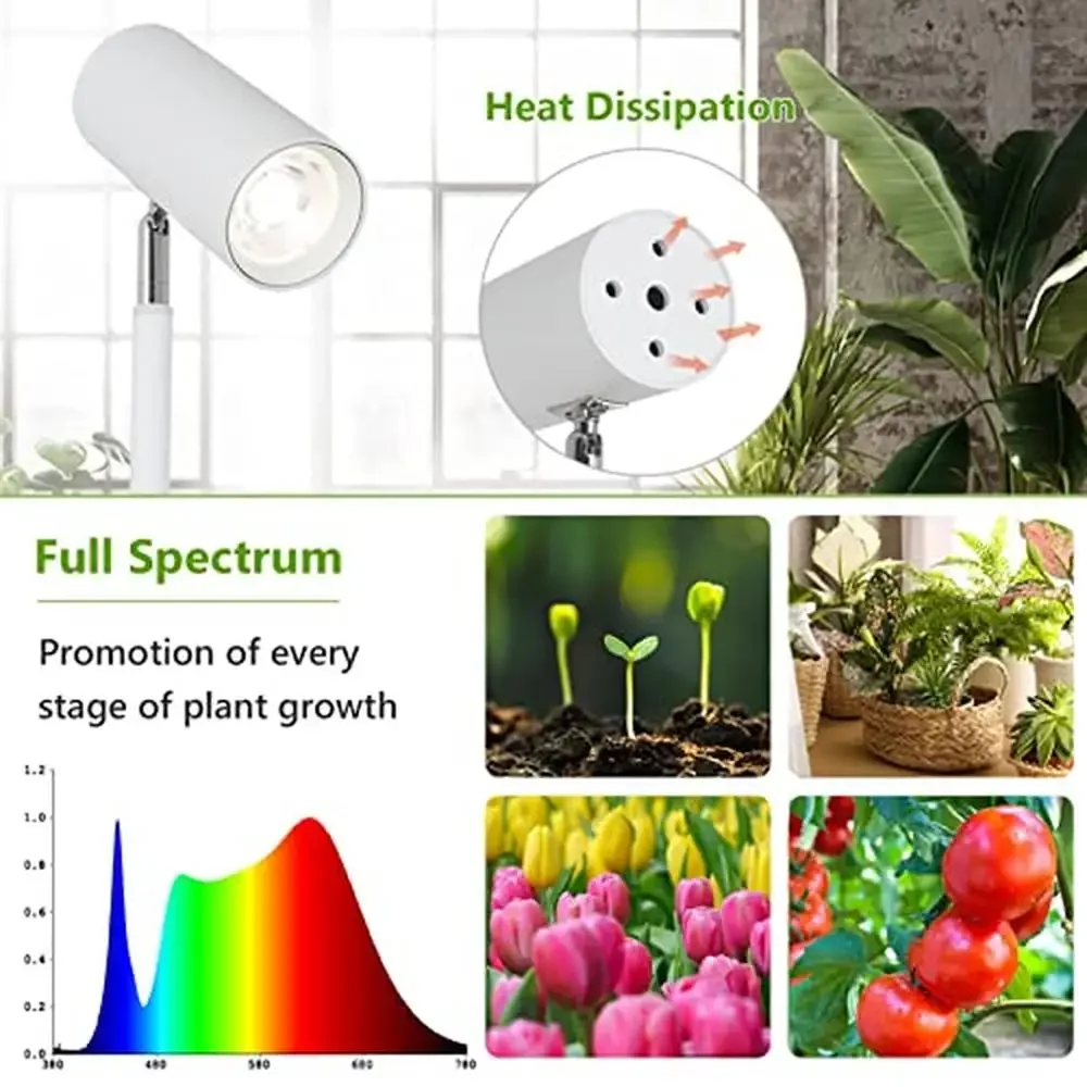 Full Spectrum COB Grow Lights Indoor Plants 20W Timer Plant Light Bulb Adjustable Height Stand 360° Rotation Head Close to