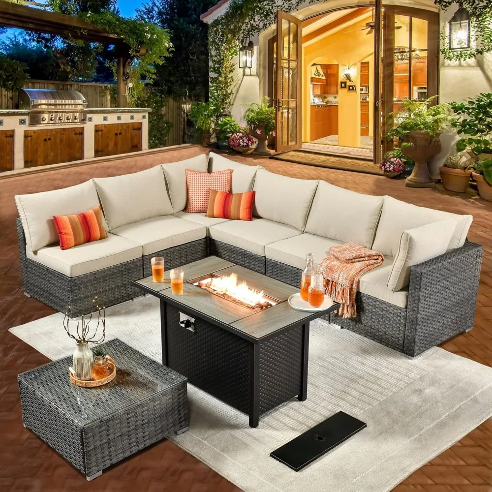 

8 Piece Outdoor Patio Furniture Set with Fire Pit Table, Combined Wicker Sofa & Swivel Chair, Modern Outdoor Sofa, Backyard